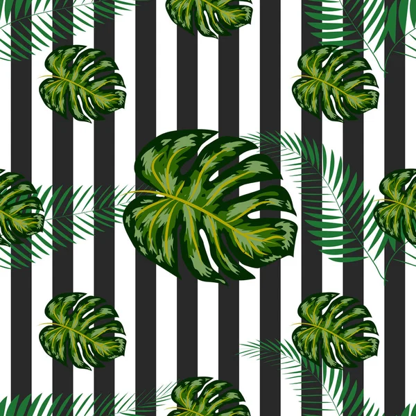 Sömlösa mönster med tropiska blad: palmer, monstera, bananblad, djungelblad sömlösa mönster randig bakgrund. Badkläder botanisk design. — Stock vektor