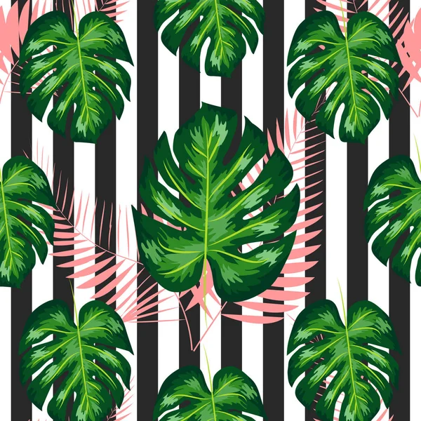 Monstera naadloze gestreepte patroon. Zomer tropisch design. — Stockvector