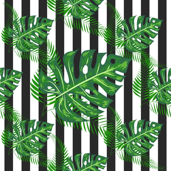 Bezszwowy wzór z liści palmowych Monstera. Tropikalny tekstylny projekt botaniczny. czarny biały geometryczny tło. — Wektor stockowy