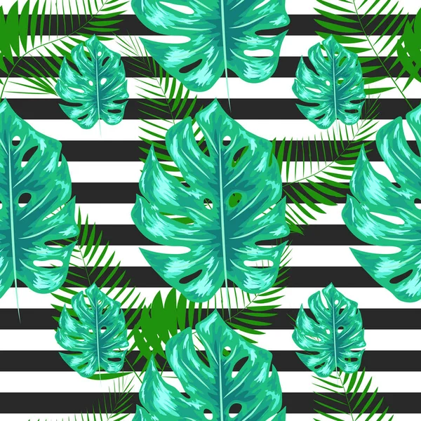 Nahtloses Muster mit Monstera Palmblättern. tropische textile botanische Gestaltung. schwarz weißer geometrischer Hintergrund. — Stockvektor