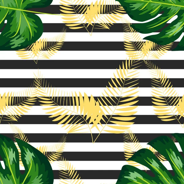 Exotiska sömlösa mönster med monstera palmblad. Tropisk hawaiisk textil botanisk design. Blommig bakgrund på svart vit geometrisk bakgrund. — Stock vektor