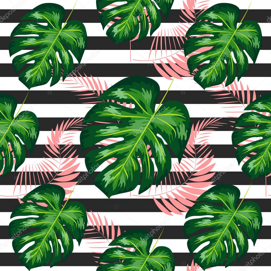 Seamless pattern with tropical leaves: palms, monstera, banana leaves, jungle leaf seamless pattern striped background.
