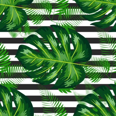 Monstera Yaprakları ile Tropikal Desen. Yaz Tasarımı