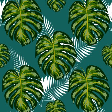 tropikal yaprakları ile sorunsuz desen: avuç içi, monstera, tutku meyve. El çizilmiş egzotik bitkiler ile güzel allover baskı. Mayo botanik tasarım