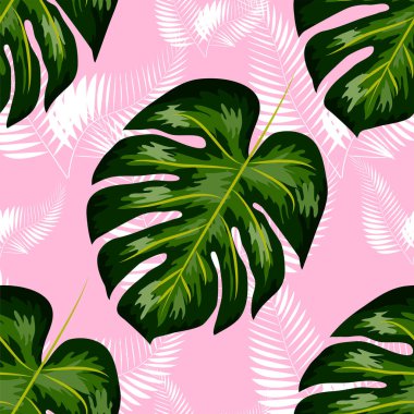 Tropikal egzotik çiçek yeşil ve kırmızı monstera palmiye dikişsiz desen bırakır. Egzotik orman duvar kağıdı.