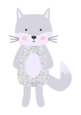 İskandinav tarzısevimli karikatür kedi çocuk. Kreş için çocukça baskı, çocuk giyim, poster, kartpostal.