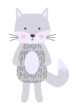 İskandinav tarzısevimli karikatür kedi çocuk. Kreş için çocukça baskı, çocuk giyim, poster, kartpostal.