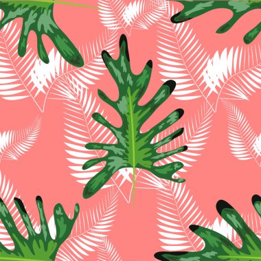 Tropikal dikişsiz desen. Botanik tasarım, palmiye ağacı ve çiçek mavi orman yaprakları.