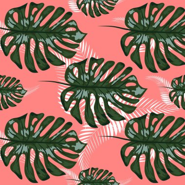 Monstera palmiye ile yeşil desen koyu arka plan üzerinde yaprakları. Dikişsiz yaz tropikal kumaş tasarımı.