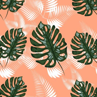 Monstera palmiye yaprakları ile yeşil desen. Dikişsiz yaz tropikal kumaş tasarımı.