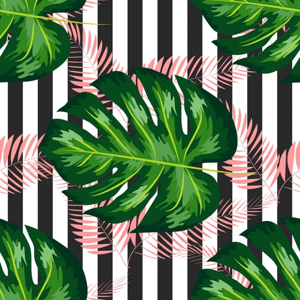 Exotische nahtlose Muster mit Monstera-Palmblättern. tropisches hawaiianisches textiles botanisches Design. Floraler Hintergrund auf schwarz-weißem geometrischem Hintergrund. — Stockvektor