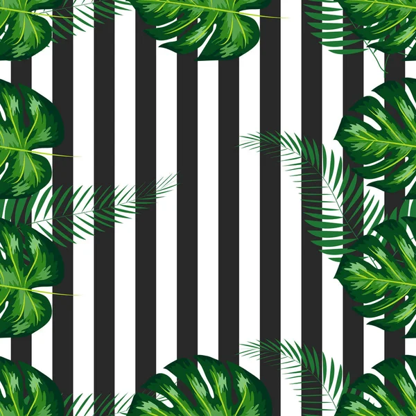 Sömlöst mönster med monstera palmblad. Tropisk textil botanisk design. svart vit geometrisk bakgrund. — Stock vektor