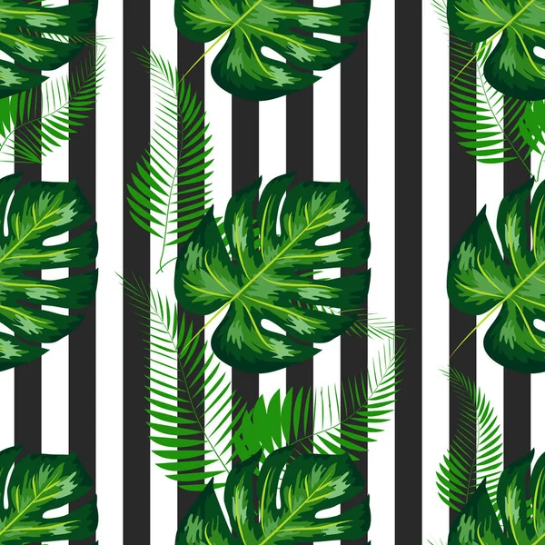 Sömlöst mönster med monstera palmblad. Tropisk textil botanisk design. svart vit geometrisk bakgrund. — Stock vektor