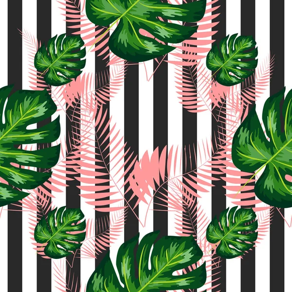 Egzotyczny bezszwowy wzór z liści palmowych Monstera. Tropikalny hawajski tekstylny projekt botaniczny. Kwiatowy tło na czarnym białym tle geometrycznym. — Wektor stockowy