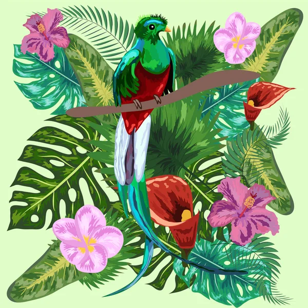 Zielony tropikalny ptak wielki splendor Quetzal siedzi na gałęzi na tle tropikalnych liści i kwiatów, projekt, rzadkie, zagrożone gatunki, czerwona książka danych, bezpieczeństwo — Wektor stockowy