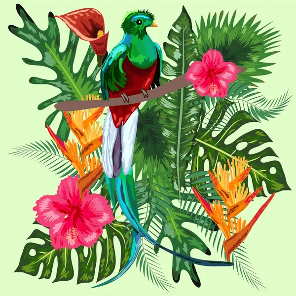 Green tropical bird Great resplendent quetzal sitting on a branch against the backdrop of a tropical foliage and flowers, design, rare, endangered species, red data book, security — Stock Vector