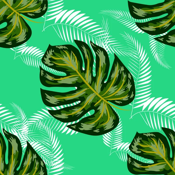 熱帯の葉とシームレスなパターン:ヤシ、モンスター、パッションフルーツ。手描きのエキゾチックな植物と美しいオールオーバープリント。水着植物デザイン — ストックベクタ