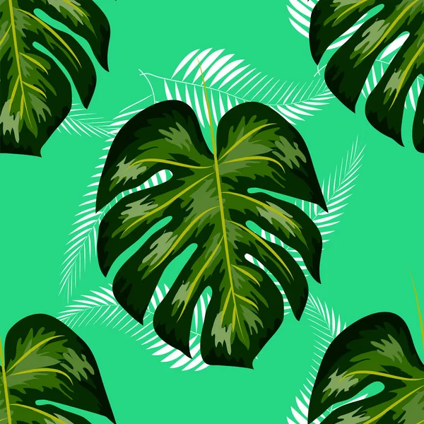 Seamless pattern with tropical leaves: palms, monstera, passion fruit. Beautiful allover print with hand drawn exotic plants. Swimwear botanical design — Stock Vector