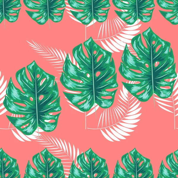 Projeto de folha tropical com palma da marinha e azul Monstera folhas de plantas em um fundo rosa. Padrão sem costura . — Vetor de Stock