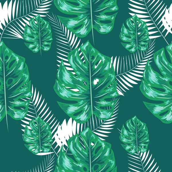 Padrão verde com folhas de palmeira monstera no fundo escuro. Design de tecido tropical de verão sem costura . — Vetor de Stock