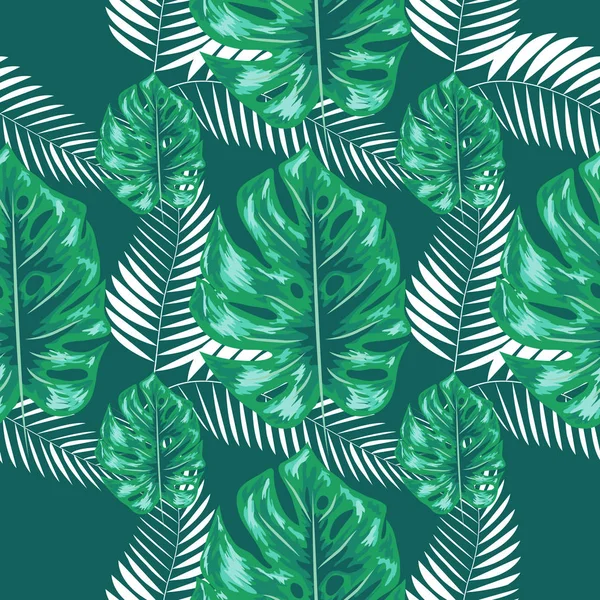 Tropical leaf design featuring navy Palm and blue Monstera plant leaves on a pink background. Seamless pattern. — Stock Vector
