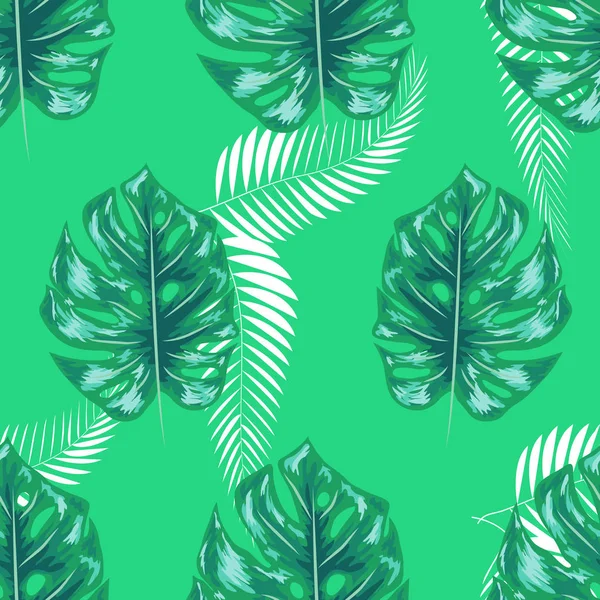 Green pattern with monstera palm leaves. Seamless summer tropical fabric design. — Stock Vector