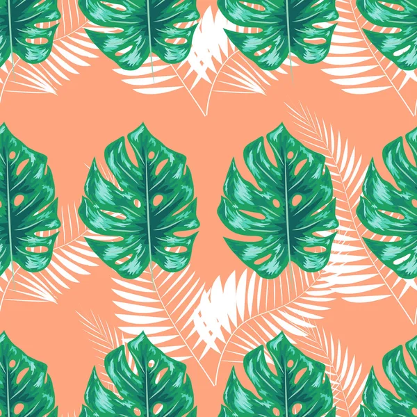 Padrão sem costura da natureza. Mão desenhado abstrato tropical verão fundo: palma, monstera folhas em silhueta, arte de linha, grunge, scribble texturas . —  Vetores de Stock