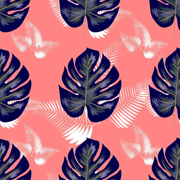 Diseño de hojas tropicales con palma marina y hojas de plantas azules de Monstera sobre un fondo rosa. Patrón sin costura . — Vector de stock