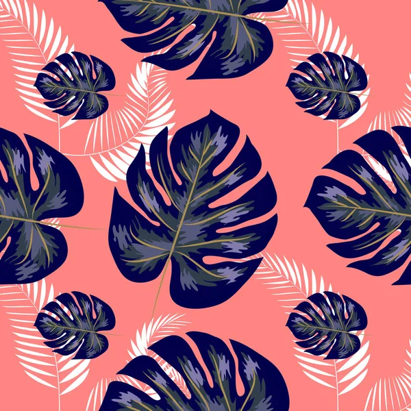 Grünes Muster mit Monstera-Palmblättern auf dunklem Hintergrund. nahtloses sommerliches tropisches Stoffdesign. — Stockvektor