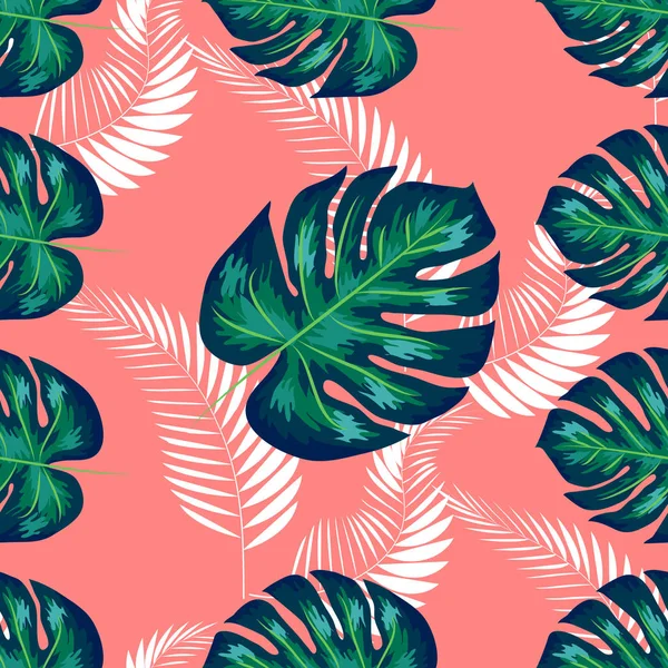 Patrón verde con hojas de palma monstera sobre fondo oscuro. Diseño de tela tropical de verano sin costuras . — Vector de stock