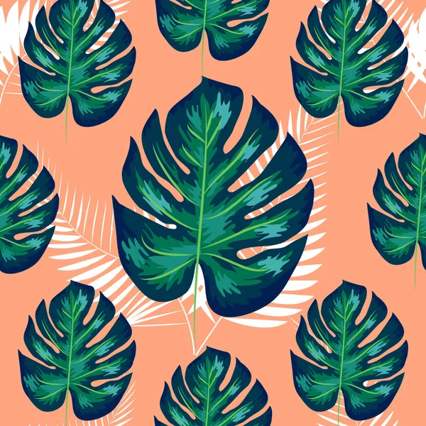 モンスターヤシの葉と緑のパターン。シームレスな夏のトロピカルファブリックデザイン. — ストックベクタ