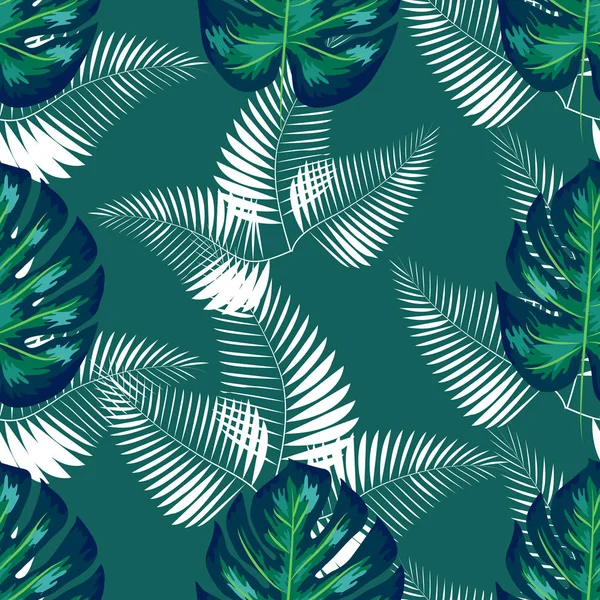 Πράσινο μοτίβο με μαύρα φύλλα φοίνικα σε σκοτεινό φόντο. Χωρίς ραφές καλοκαιρινό σχεδιασμό τροπικών υφασμάτων. — Διανυσματικό Αρχείο