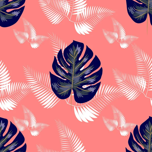 Feuilles tropicales décorées avec des feuilles de palmier marine et de plante bleue Monstera sur un fond rose. Modèle sans couture . — Image vectorielle