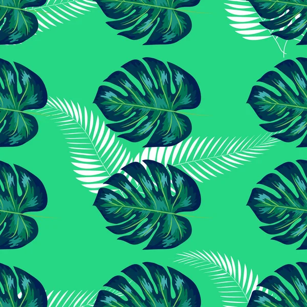 Grünes Muster mit Monstera-Palmblättern auf dunklem Hintergrund. nahtloses sommerliches tropisches Stoffdesign. — Stockvektor