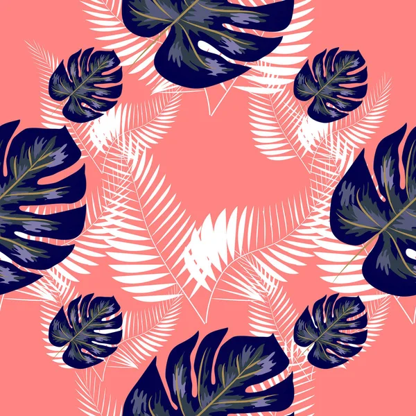 热带叶设计，以海军棕榈和蓝色Monstera植物叶子为粉红色背景。无缝模式. — 图库矢量图片