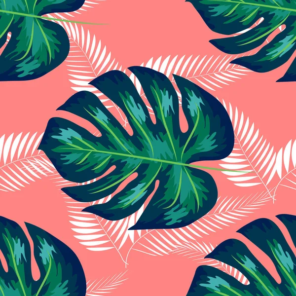 Padrão sem costura da natureza. Mão desenhado abstrato tropical verão fundo: palma, monstera folhas em silhueta, arte de linha, grunge, scribble texturas . — Vetor de Stock