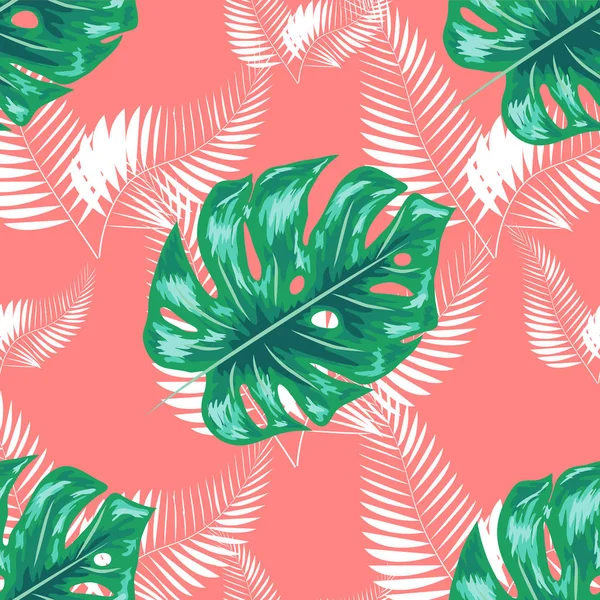 Grünes Muster mit Monstera-Palmblättern auf dunklem Hintergrund. nahtloses sommerliches tropisches Stoffdesign. — Stockvektor