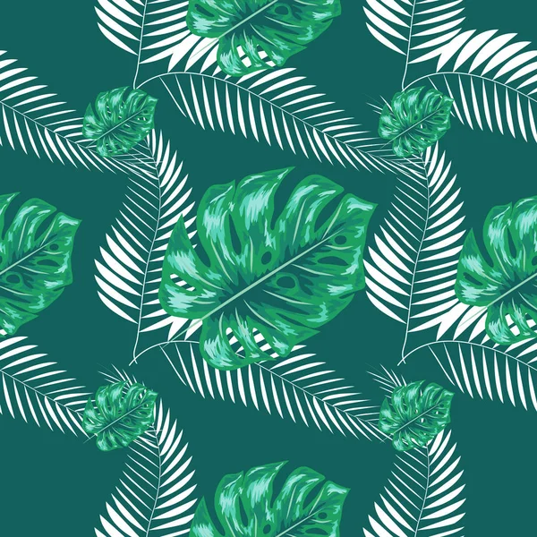 Тропічні Leaf дизайн Featuring флоту Palm і Blue Монстера завод листя на рожевому фоні. Безшовний візерунок. — стоковий вектор