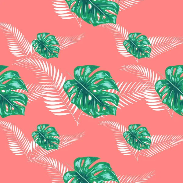 Tropical leaf design featuring navy Palm and blue Monstera plant leaves on a pink background. Seamless pattern. — Stock Vector