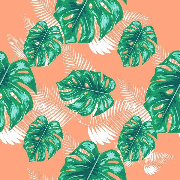 Monstera palmiye yaprakları ile yeşil desen. Dikişsiz yaz tropikal kumaş tasarımı. — Stok Vektör