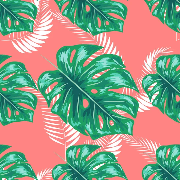 Tropikal yaprak tasarımı lacivert Palmiye ve mavi Monstera bitki içeren pembe bir arka plan üzerinde bırakır. Dikişsiz desen. — Stok Vektör