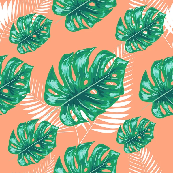 Padrão sem costura da natureza. Mão desenhado abstrato tropical verão fundo: palma, monstera folhas em silhueta, arte de linha, grunge, scribble texturas . —  Vetores de Stock