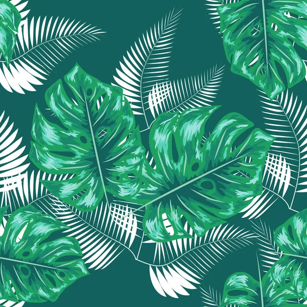 Padrão sem costura da natureza. Mão desenhado abstrato tropical verão fundo: palma, monstera folhas em silhueta, arte de linha, grunge, scribble texturas . — Vetor de Stock