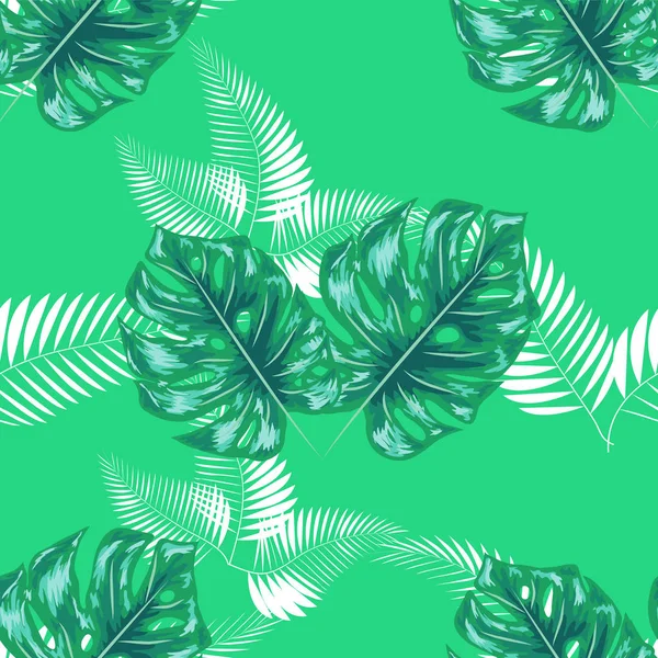 モンスターヤシの葉と緑のパターン。シームレスな夏のトロピカルファブリックデザイン. — ストックベクタ