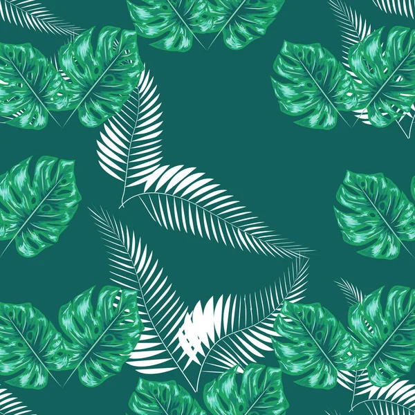 Patrón verde con hojas de palma monstera. Diseño de tela tropical de verano sin costuras . — Vector de stock