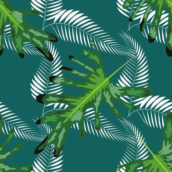 Hojas tropicales, palmeras, hojas de monstera, fondo floral sin costuras — Vector de stock