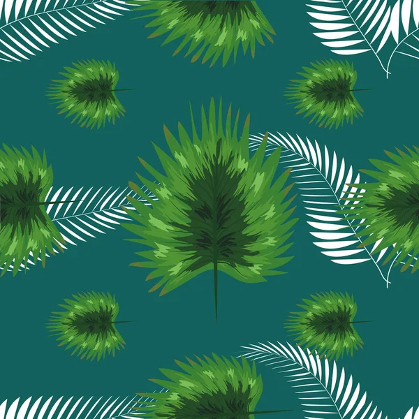 Türkisfarbene und grüne tropische Blätter. nahtlose grafische Gestaltung mit erstaunlichen Handflächen. — Stockvektor
