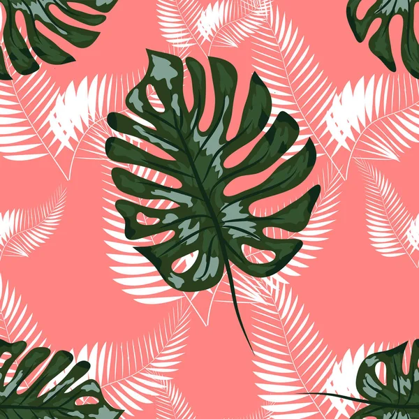 Patrón verde con hojas de palma monstera sobre fondo oscuro. Diseño de tela tropical de verano sin costuras . — Archivo Imágenes Vectoriales