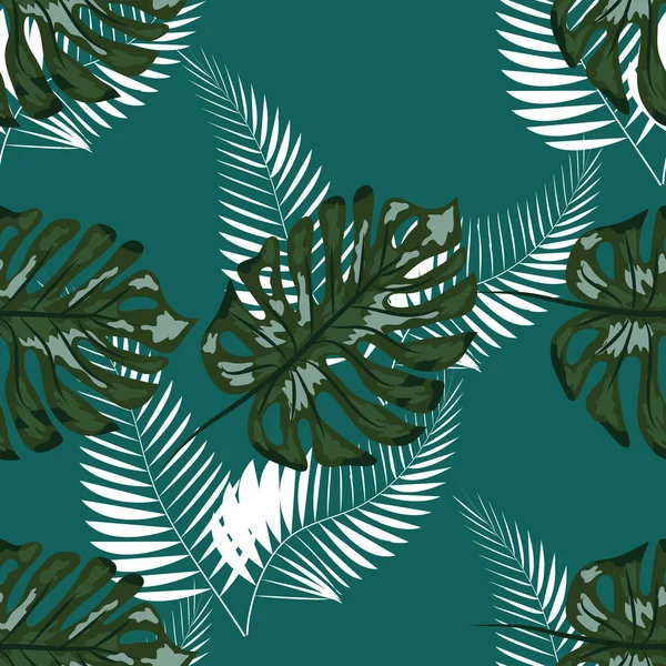 Natur nahtlose Muster. handgezeichneter abstrakter tropischer Sommerhintergrund: Palme, Monsterblätter in Silhouette, Linienkunst, Grunge, kritzelnde Texturen. — Stockvektor