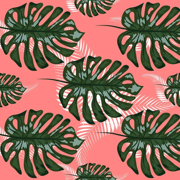 Patrón verde con hojas de palma monstera sobre fondo oscuro. Diseño de tela tropical de verano sin costuras . — Vector de stock